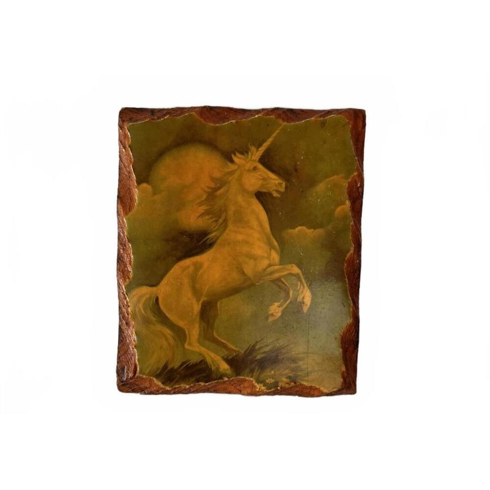 VTG 80s Mini Unicorn Wood Decoupage 3x4 Vintage Retro Fantasy Kitsch Trinket